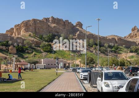 Al Ain, UAE - December 15, 2019: Mountains near the hot thermal springs in the United Arab Emirates near Ain Al. Stock Photo