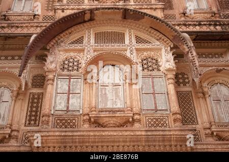 Jharokha or jharoka  a type of overhanging enclosed balcony Mehrangarh Fort,  Jodhpur, Rajasthan, India Stock Photo