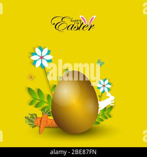 Easter poster and banner template with golden Easter eggs on yellow background. Stock Vector