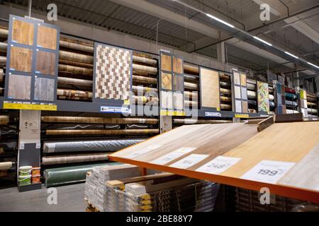 Kyiv- Dec 11 ,2019: Sample parquet boards and linoleum in hardware store, in home improvement warehouse exterior Stock Photo