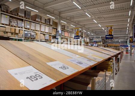 Kyiv- Dec 11 ,2019: Sample parquet boards in hardware store, in home improvement warehouse exterior Stock Photo