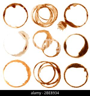 Coffe stains and splashes, dirty brown cup rings vector set. Splash ring form coffee mug, circle stain dirty mark illustration Stock Vector