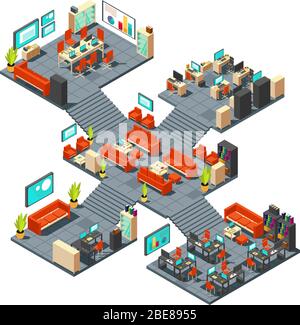 Corporate professional 3d office. Isometric business center floors interior vector illustration. Office business room interior, building department indoor Stock Vector