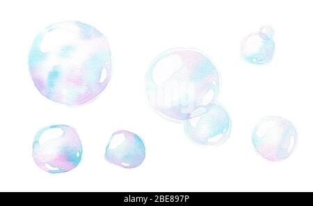 soap air bubbles, Undersea effect, watercolor hand painting isolated on white background, clipping path. Stock Photo