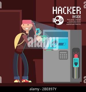 Computer safety and computer crime vector concept with cartoon hacker character. Crime and thief atm hacker illustration Stock Vector