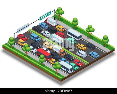 Isometric highway with traffic jam. 3d transportation vector concept with cars and trucks. Car on highway in traffic jam illustration Stock Vector