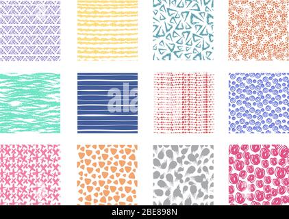 Scribble and dotted hand drawn vector seamless textures. Rough linear and wavy backgrounds set. Color scribble rough texture pattern illustration Stock Vector