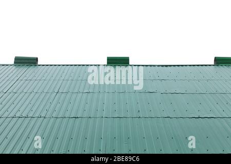 Modern red metal roof tiling isolated on white background Stock Photo