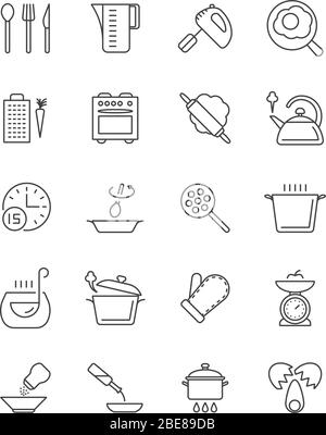Cooking, food preparation and kitchen tools vector icons. Kitchen utensil and cooking tool spoon and fork illustration Stock Vector