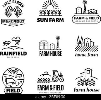 Retro farm and organic products vector emblems and logos. Vintage line farming labels. Emblem farm house, apple garden illustration Stock Vector