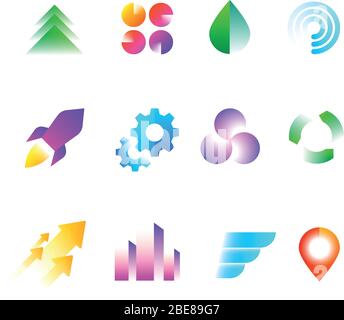 Trendy business logo symbols. Rainbow color geometric shapes for logotypes vector set. Colored logotype rainbow geometric illustration Stock Vector