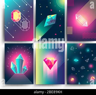 Abstract trendy vector cosmic posters with crystal gems and pyramid geometric shapes. Neon galaxy backgrounds in 80s style. Poster with geometric polygon pyramid or crystal illustration Stock Vector