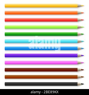 Realistic 3d wooden colored pencils isolated on white vector illustration. Set of pencil colorful for school Stock Vector