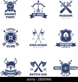 Vintage warrior sword and shield labels. Knight vector badges. Heraldry coat of arms logos. Emblem and label heraldry, sword and coat of arms design illustration Stock Vector