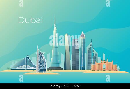 Dubai city landscape. Emirates architecture cityscape vector landmark. Cityscape skyscraper emirates, landscape skyline tower urban building illustration Stock Vector
