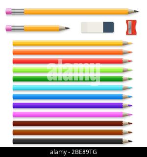 Colored pencils, eraser and sharpener isolated on white vector set. Colored pencils and eraser, school tools crayons illustration Stock Vector