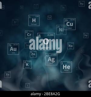 Scientific vector background with chemical elements symbols and white smoke. Scientific chemistry molecular atomic helium and copper, oxygen and hydrogen, gold and silver illustration Stock Vector