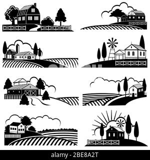 Vintage countryside landscape with farm scene. Vector backgrounds in woodcut style. Landscape vintage farm, countryside scene illustration Stock Vector