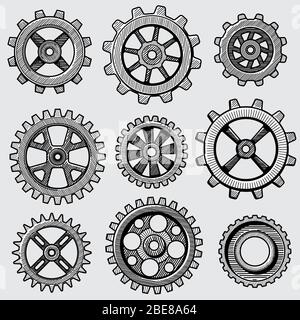 Retro sketch mechanical gears. Hand drawn vintage cog wheel parts of factory machine vector illustration. Gear cog wheel sketch, hand drawing mechanism Stock Vector