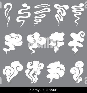 Cartoon smoke and dust clouds. Comic puff and steam vector set. Comic white stench aroma or smell illustration Stock Vector