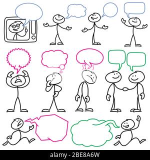Vector sketch stick figures with blank dialog bubbles. Stick man figure and speech bubble communication illustration Stock Vector