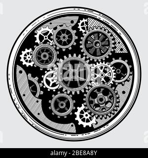 Vintage industrial machinery with gears. Cogwheel transmission in hand drawn old style vector illustration. Equipment with machinery sketch transmission cogwheel Stock Vector
