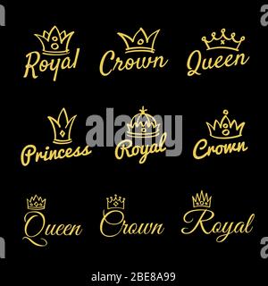 Sketch queen crowns and hand drawn princess diadem vector beauty and fashion shopping logo set. Princess and crown, king and queen fashionable. Vector illustration Stock Vector