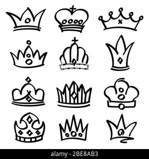 Doodle King Queen Crown Hand Drawn Logo Black Set Vector Kingdom