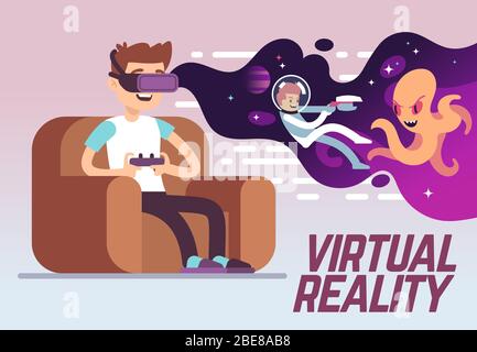 Boy with headset playing virtual 3d reality simulation game. Digital entertainment vector concept. Innovation play device, illustration of vr cyberspace Stock Vector