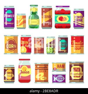Canned goods vector set. Tinned food, conservation tomato soup and vegetables. Tin container conserve, canned tomato soup illustration Stock Vector