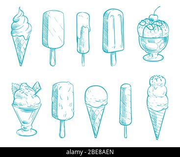 Doodle ice cream cones vector set. Hand drawn cartoon ice creams. Summer food cartoon, dessert ice cream cone illustration Stock Vector