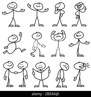 Cartoon hand drawn stick man in different poses vector set. Cartoon stick person hand drawn doodle sketch illustration Stock Vector