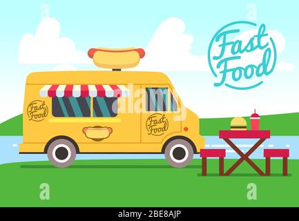Outdoor cafe with food truck and tables. Street food small business vector concept. Fast food truck with table and chair illustration Stock Vector