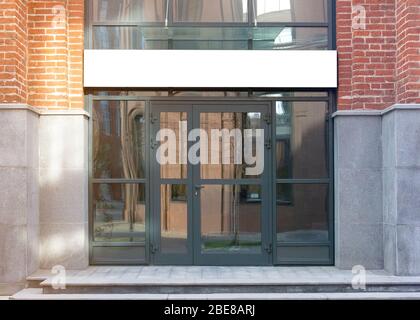 Blank white rectangular box store entrance mockup, glass brick wall Stock Photo