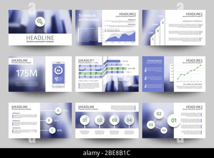 Multipurpose business presentation vector templates with blurred photo elements. Corporate brochure design with infographic elements. Promotion annual banner card with blurred backdrop illustration Stock Vector