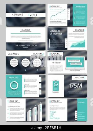 Keynote style business presentation vector template. Multipurpose corporate brochure or booklet with infographic charts. Layout leaflet for business presentation illustration Stock Vector