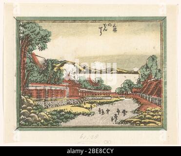 'Avondklokken van de Mii tempel; Nederlands: Landschap met tempelcomplex, waartussen een weg met verschillende mensen; bergen op de achtergrond. Label Line: Katsushika Hokusai (12-okt-1760 - 10-mei-1849), 1809 - 1814, kleurenhoutsnede; lijnblok in zwart met kleurblokken; blinddruk  Collection: prenten; Japan (collectie); between 1809 and 1814 date QS:P571,+1850-00-00T00:00:00Z/7,P1319,+1809-00-00T00:00:00Z/9,P1326,+1814-00-00T00:00:00Z/9; '