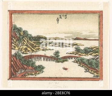 'Avondgloed te Seta; Nederlands: Landschap met meer waarin eilandjes, verbonden door twee bruggen; huizen en een roeibootje op de voorgrond; bergen op de achtergrond. Label Line: Katsushika Hokusai (12-okt-1760 - 10-mei-1849), 1809 - 1814, kleurenhoutsnede; lijnblok in zwart met kleurblokken; blinddruk  Collection: prenten; Japan (collectie); between 1809 and 1814 date QS:P571,+1850-00-00T00:00:00Z/7,P1319,+1809-00-00T00:00:00Z/9,P1326,+1814-00-00T00:00:00Z/9; '