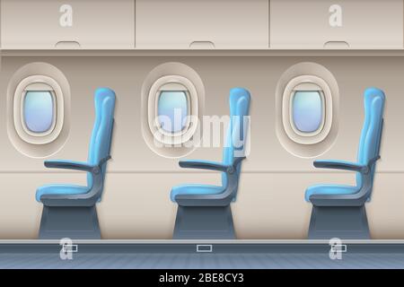 Passenger airplane vector interior. Aircraft indoor with comfortable chairs and portholes. Interior of aircraft and airplane illustration Stock Vector