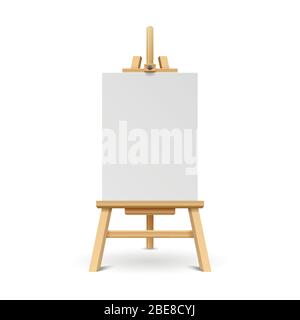 Wood Easel Or Painting Art Board With White Canvas On Blue