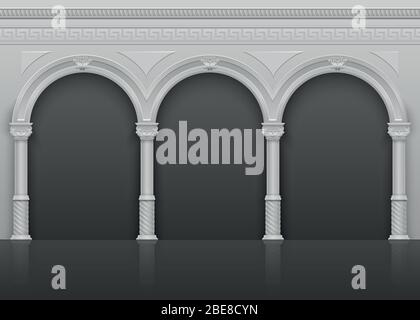 Classic roman antique interior with stone arches and columns vector illustration. Architecture ancient arch with column Stock Vector