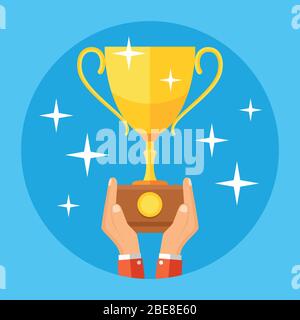 Gold cup in hands. Hand holding winner trophy award. Vector ...