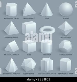 Realistic white basic 3d shapes vector set. Geometry form for education illustration. Hexagonal and prism, tetrahedron and cone, sphere and pyramid Stock Vector