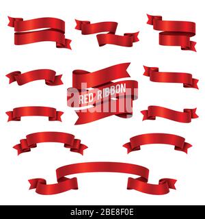 Silk red 3d ribbon banners vector set isolated. Illustration of red ribbon collection for decoration swirl Stock Vector