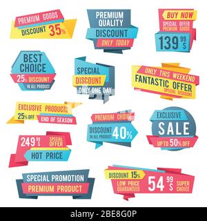 Sale banners and price tag labels, selling card and discount sticker. Best offer advertising graphics vector templates. Illustration of retail sticker and banner Stock Vector