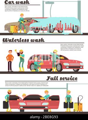 Vehicle cleaning service and car washing marketing banners set. Car wash service, auto cleaning automobile illustration Stock Vector