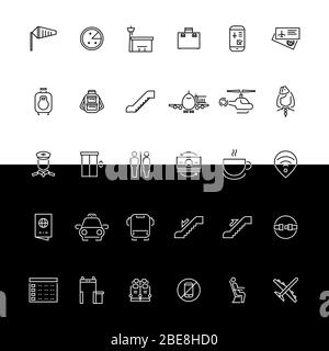 Vector airport line icons - black and white concept. Helicopter and airplane illustration Stock Vector