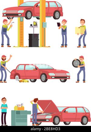Car repair auto service with mechanic characters in uniform vector set. Mechanic repair car, automobile maintenance illustration Stock Vector