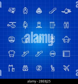 Aviation or airport outline icons set on blue background. Vector illustration Stock Vector