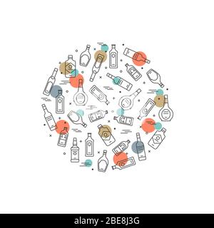 Alcoholic circle concept - alco bottles icons on white background. Vector illustration Stock Vector